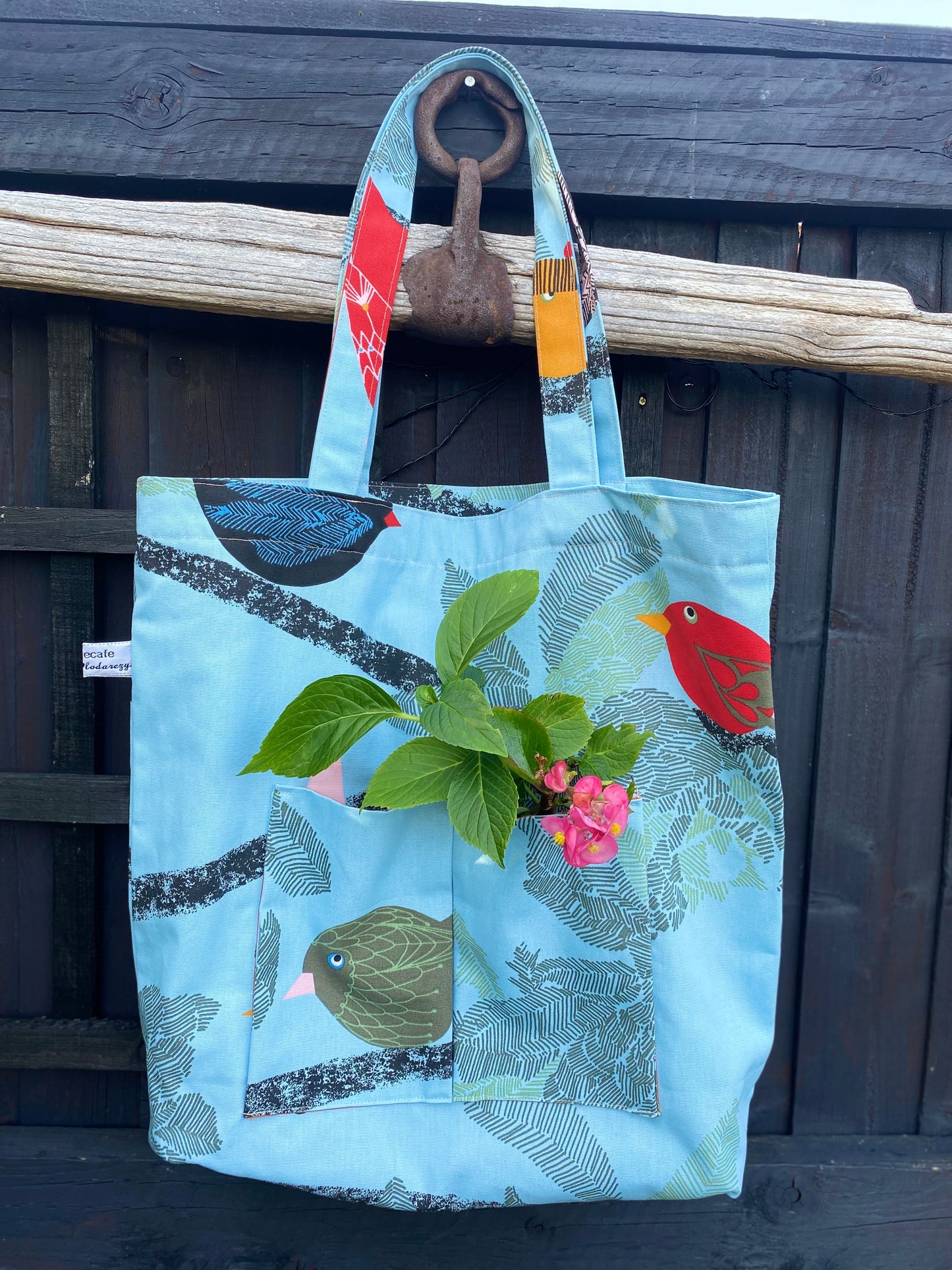 Handmade, reversible, very spacious canvas tote bag with 3 pockets “Birds”