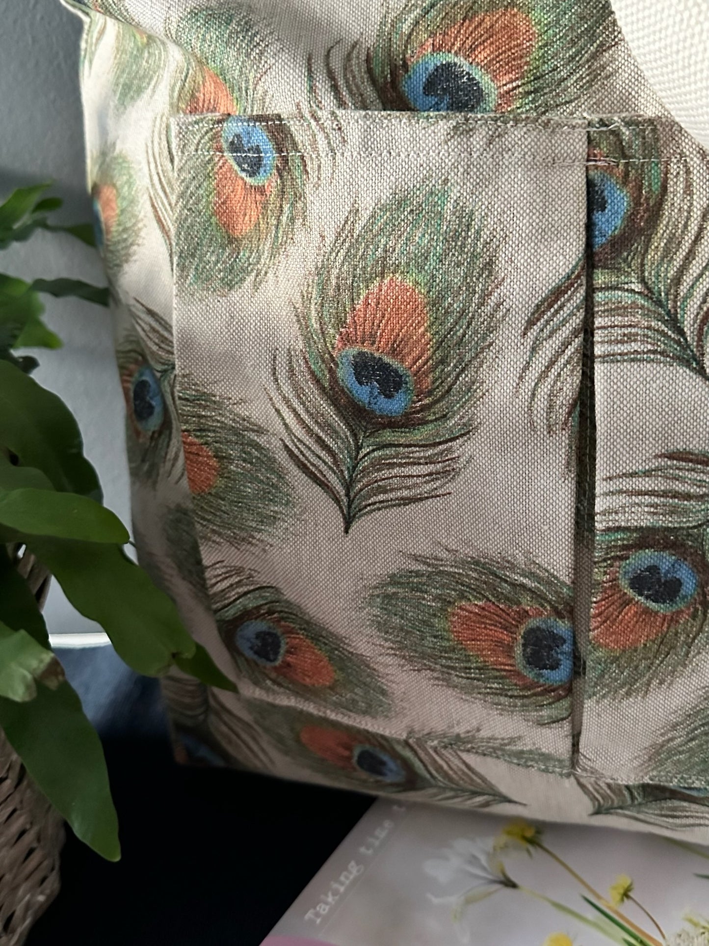 Handmade, reversible natural linen tote bag with 4 pockets "Peacock"