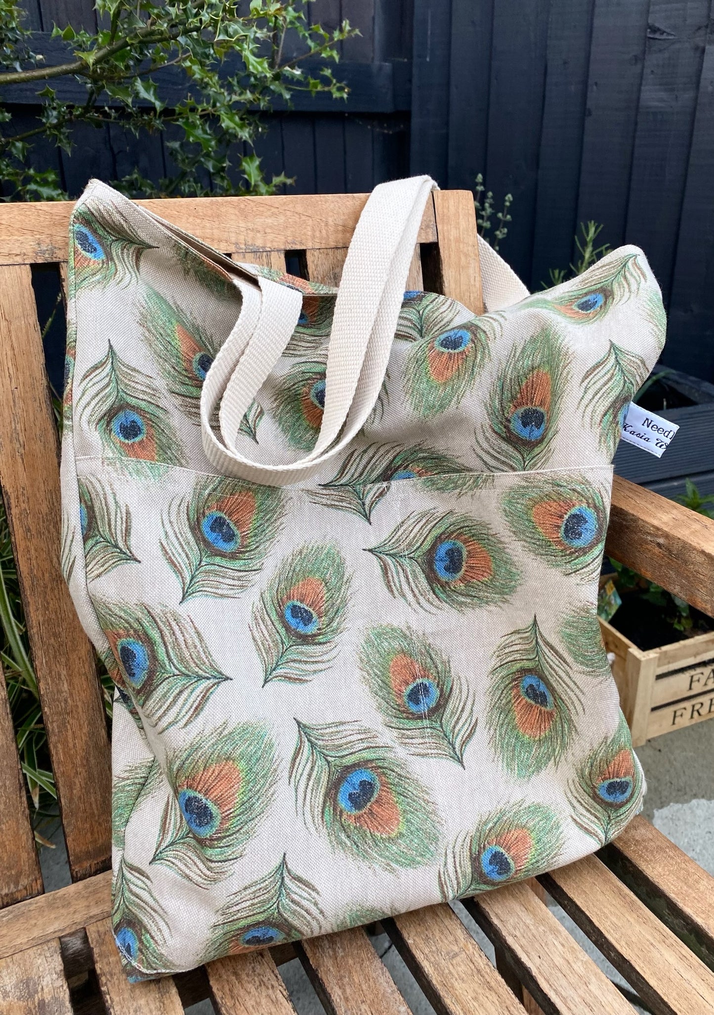 Handmade, reversible, shoulder natural linen tote bag with 3 pockets “Peacock"