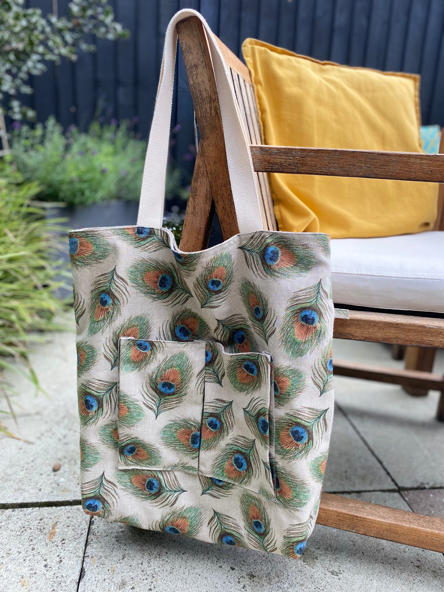 Handmade, reversible natural linen tote bag with 4 pockets "Peacock"