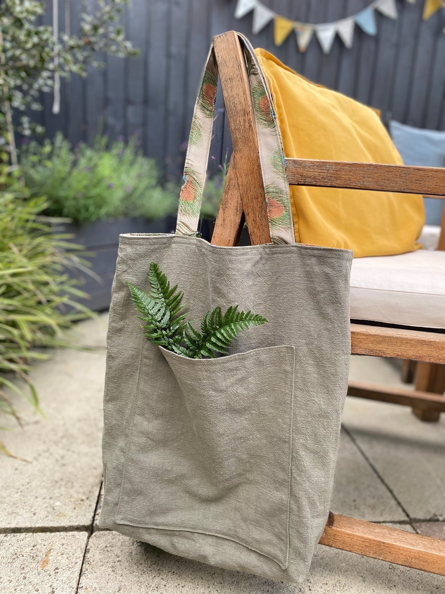 Handmade, reversible, shoulder natural linen tote bag with 3 pockets “Peacock"