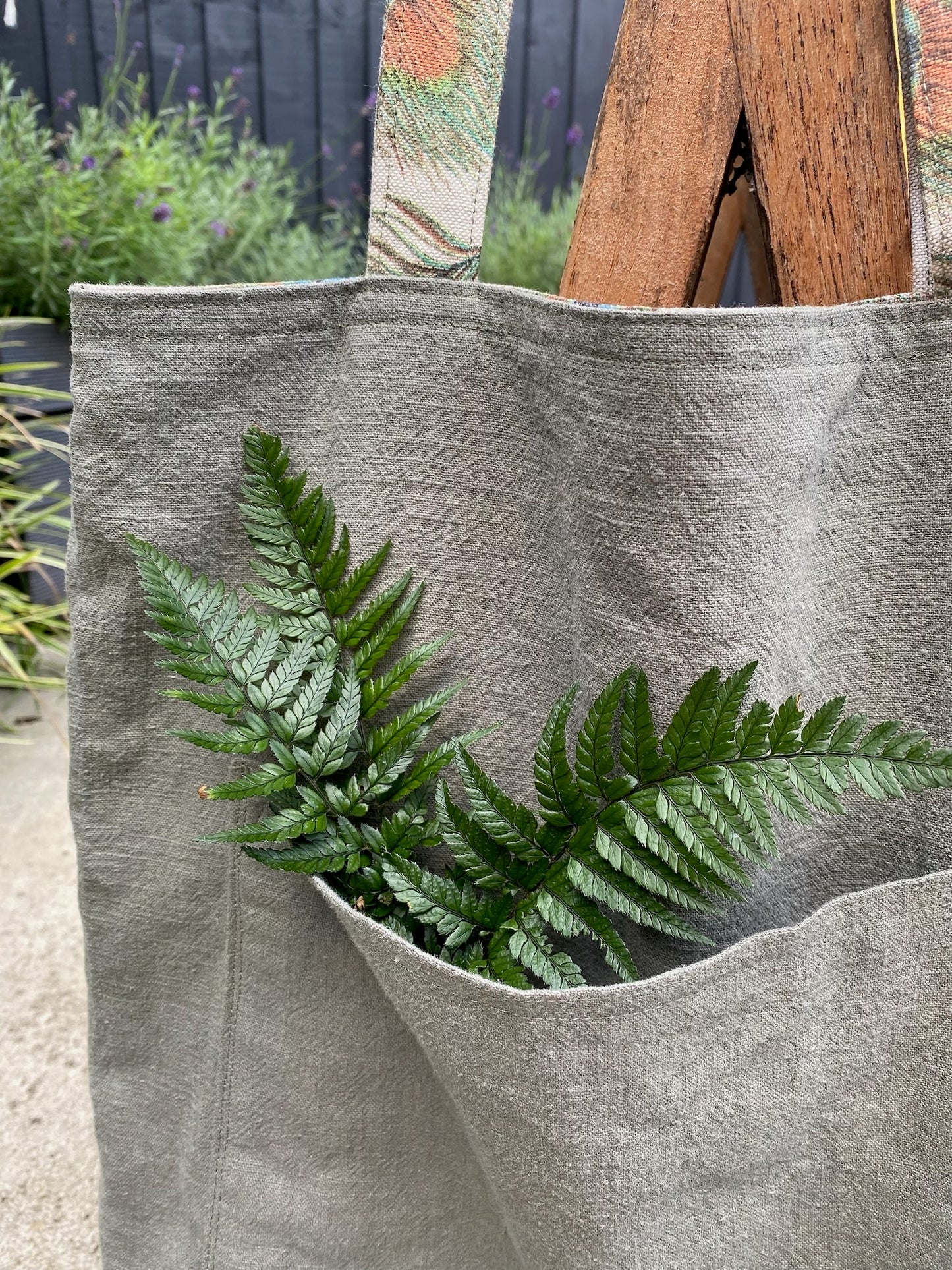 Handmade, reversible, shoulder natural linen tote bag with 3 pockets “Peacock"