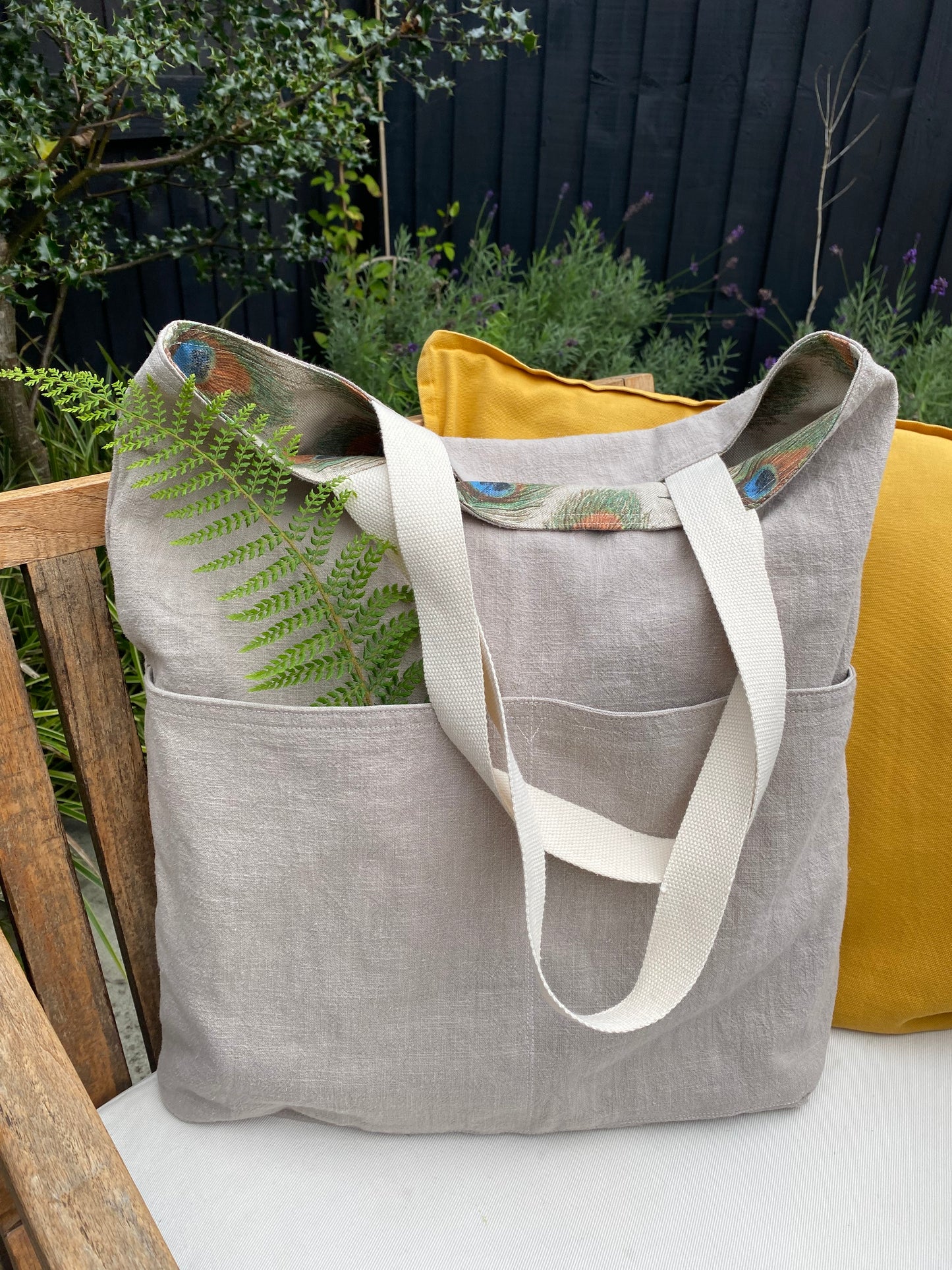 Handmade, reversible natural linen tote bag with 4 pockets "Peacock"