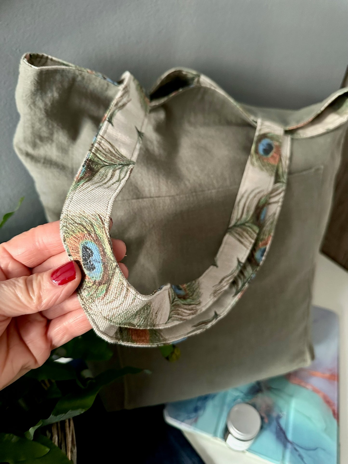 Handmade, reversible, shoulder natural linen tote bag with 3 pockets “Peacock"