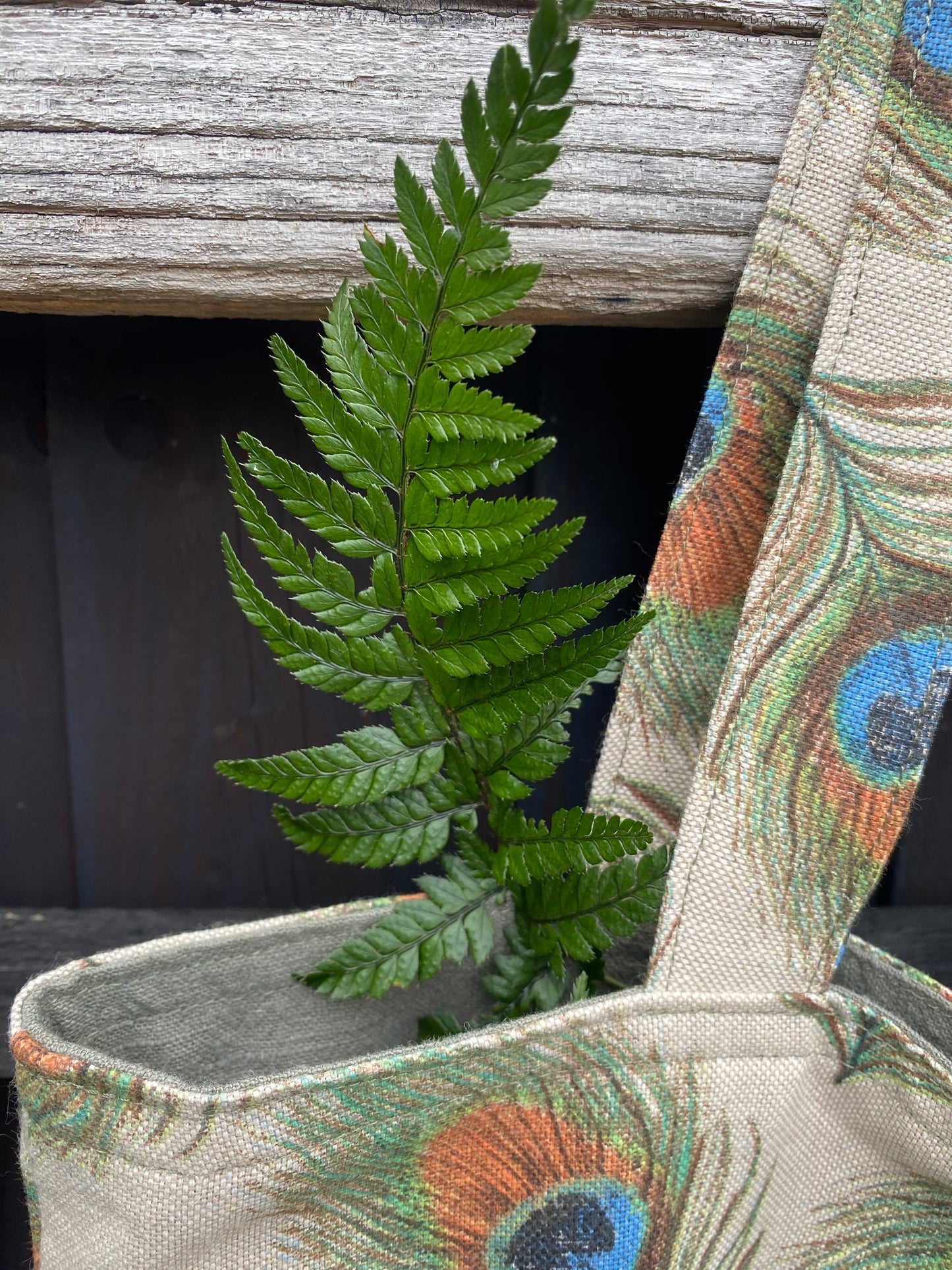 Handmade, reversible, shoulder natural linen tote bag with 3 pockets “Peacock"