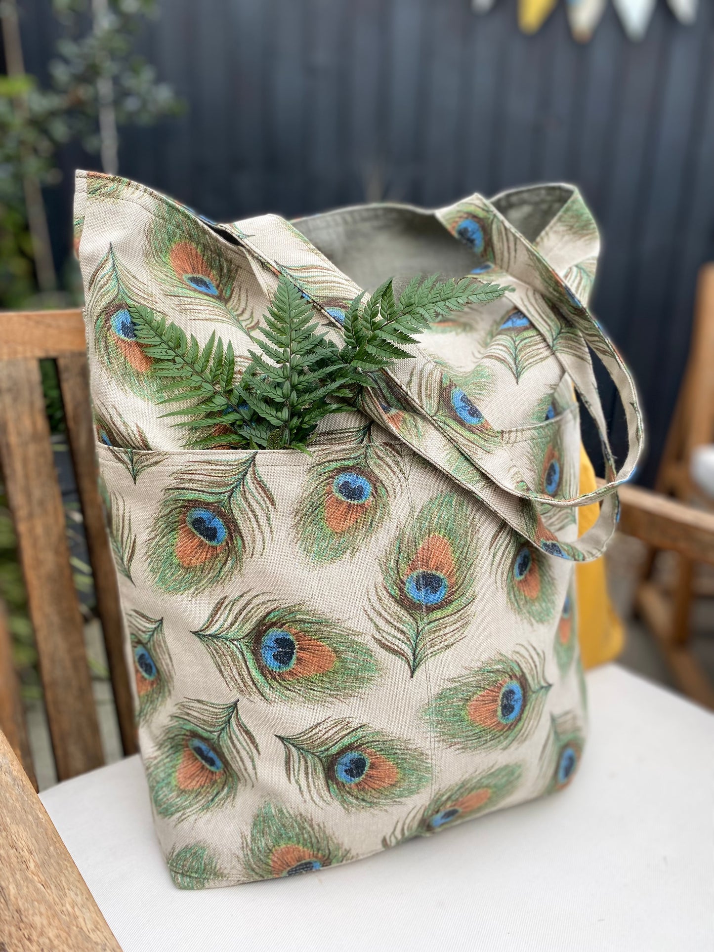 Handmade, reversible, shoulder natural linen tote bag with 3 pockets “Peacock"