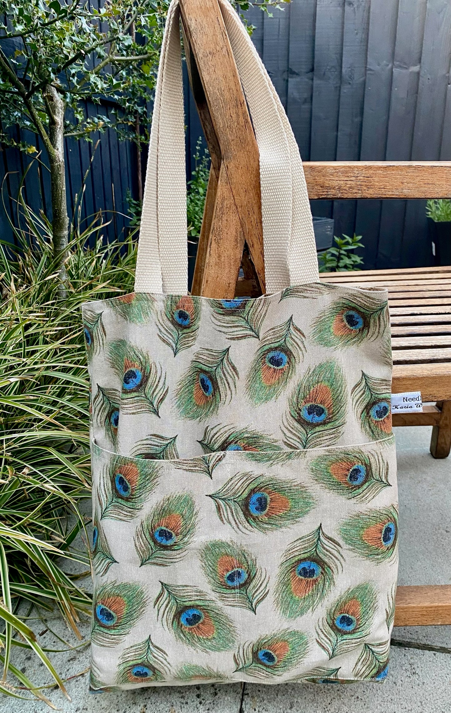 Handmade, reversible, shoulder natural linen tote bag with 3 pockets “Peacock"