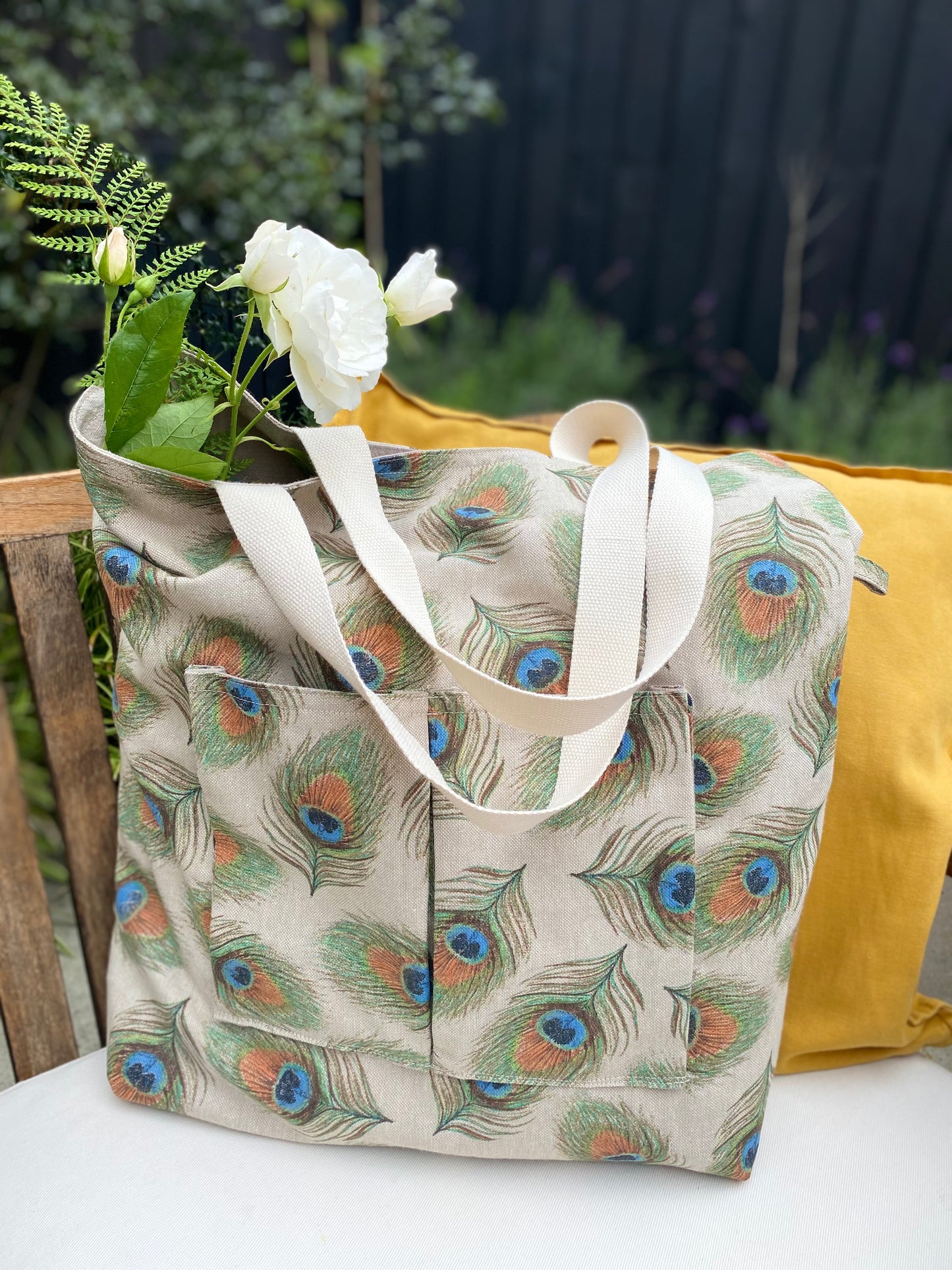 Handmade, reversible natural linen tote bag with 4 pockets "Peacock"