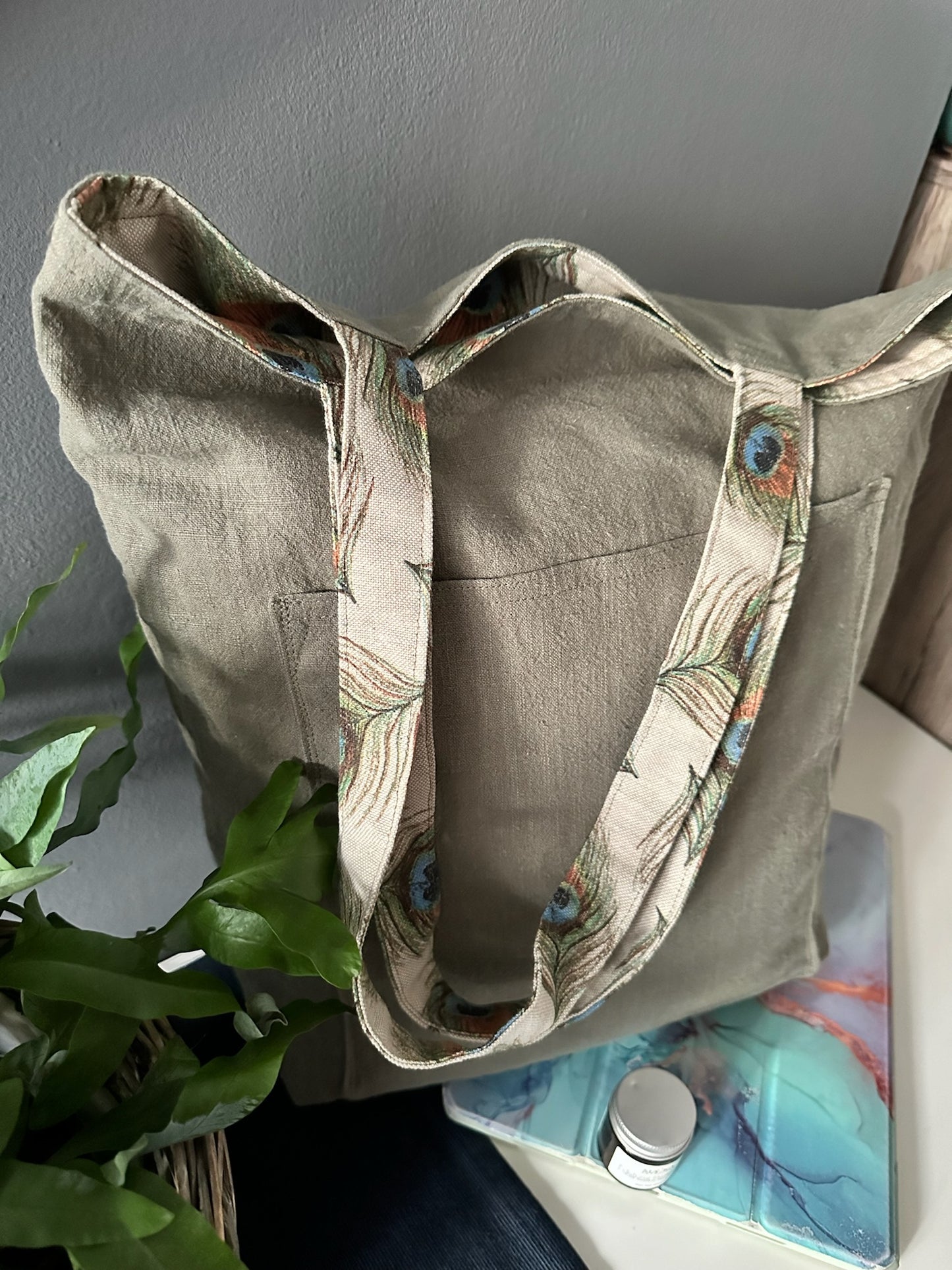 Handmade, reversible, shoulder natural linen tote bag with 3 pockets “Peacock"