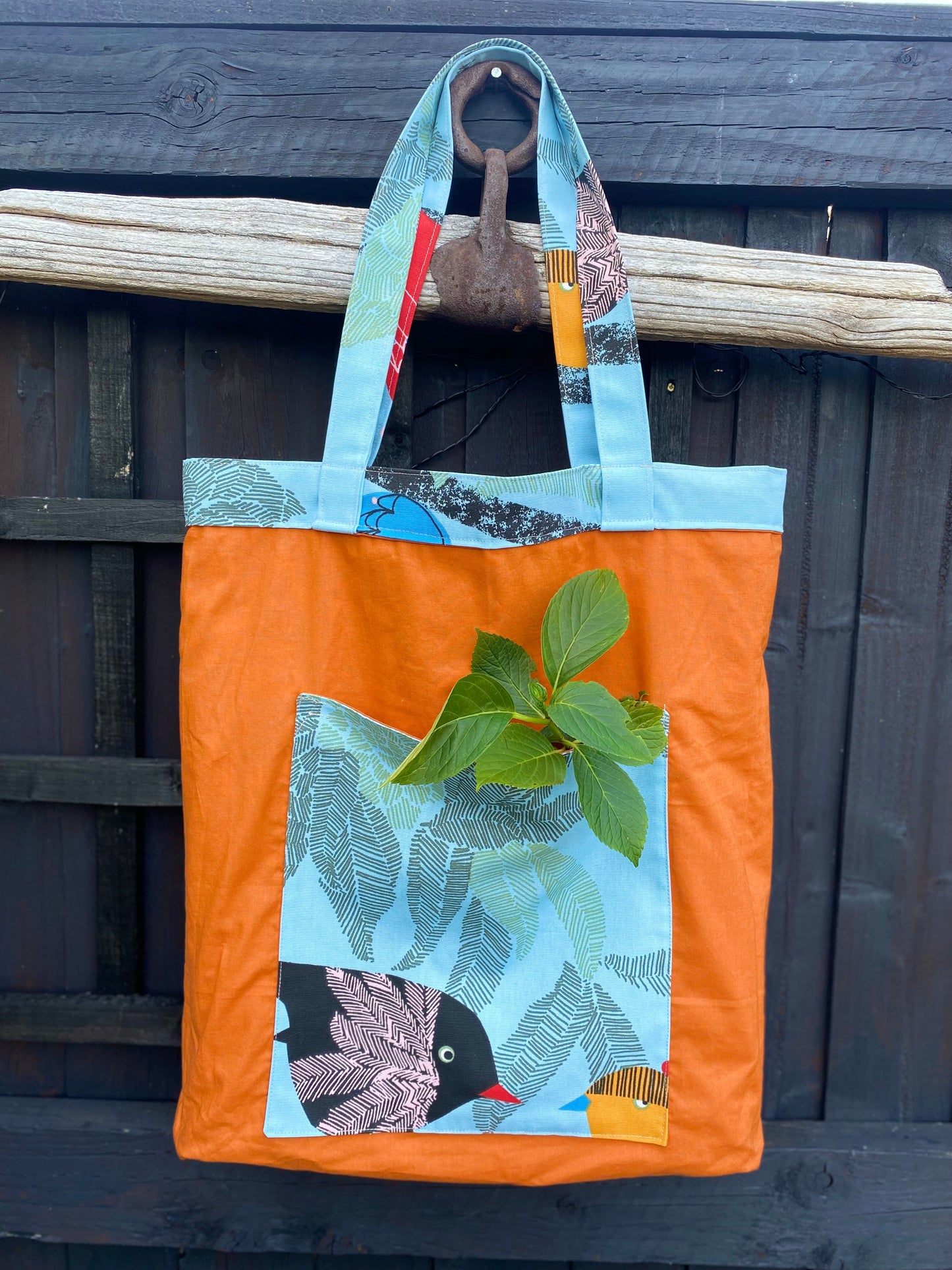 Handmade, reversible, very spacious canvas tote bag with 3 pockets “Birds”