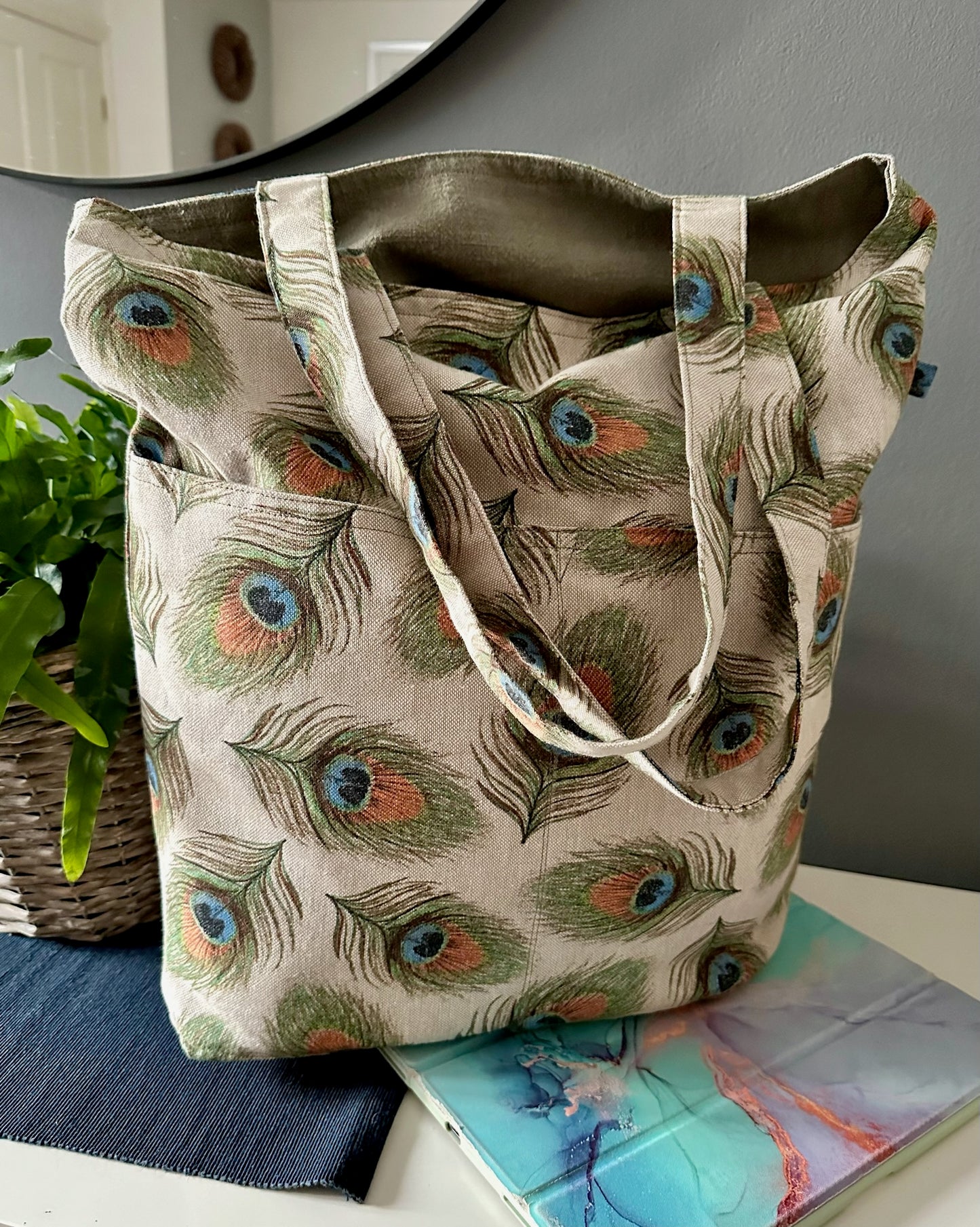 Handmade, reversible, shoulder natural linen tote bag with 3 pockets “Peacock"